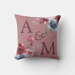 Monogram Burgundy Initials Dusty Rose Blue Floral  Cushion