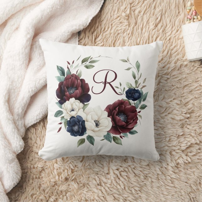 Monogram Burgundy Maroon Navy Blue White Floral Cushion (Blanket)