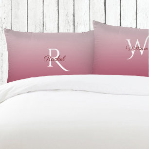 Monogram Burgundy Ombre Gradient Wedding Couple Pillowcase