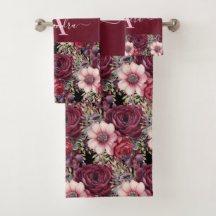 Monogram Burgundy & Pink Floral Elegant Towel Set
