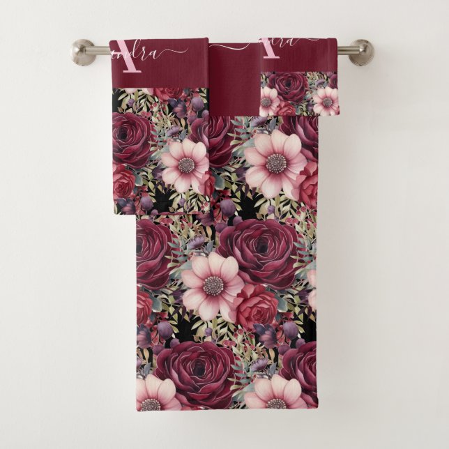 Monogram Burgundy & Pink Floral Elegant Towel Set (Insitu)