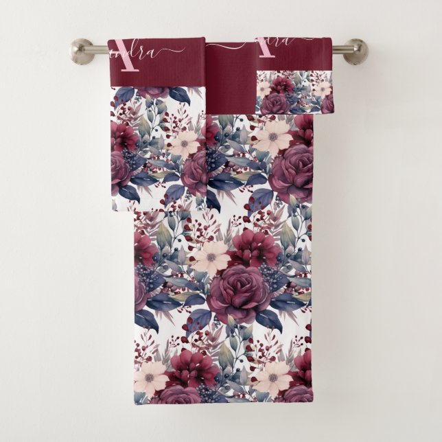 Monogram Burgundy & Pink Floral Elegant Towel Set (Insitu)