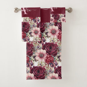 Monogram Burgundy & Pink Floral Elegant Towel Set