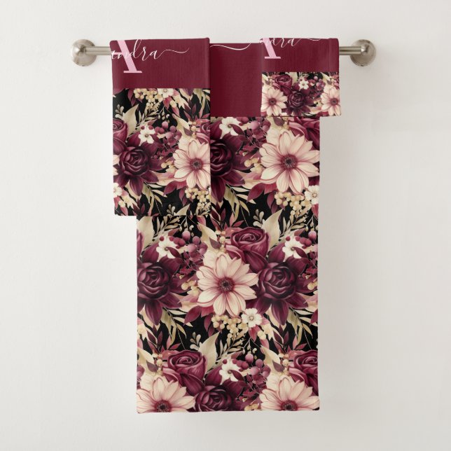 Monogram Burgundy & Pink Floral Elegant Towel Set (Insitu)
