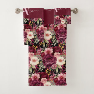 Monogram Burgundy & Pink Floral Elegant Towel Set