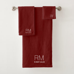 Monogram Burgundy Red Modern Minimalist Stylish Bath Towel Set