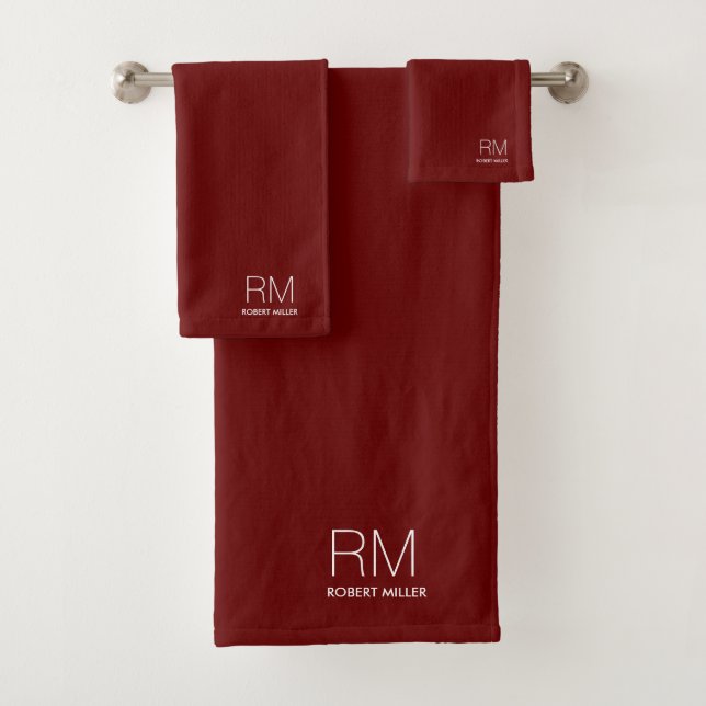 Monogram Burgundy Red Modern Minimalist Stylish  Bath Towel Set (Insitu)