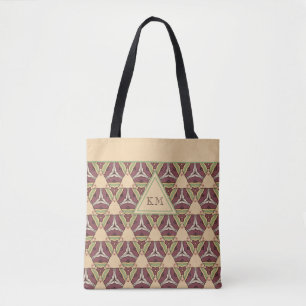 Monogram Burgundy Sage Triangle Geometric Pattern  Tote Bag