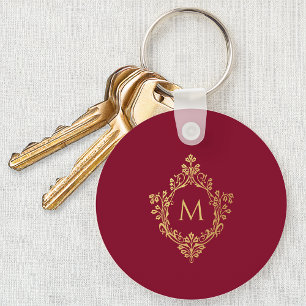 Monogram Burgundy Vintage Elegant Faux Gold Crest Key Ring