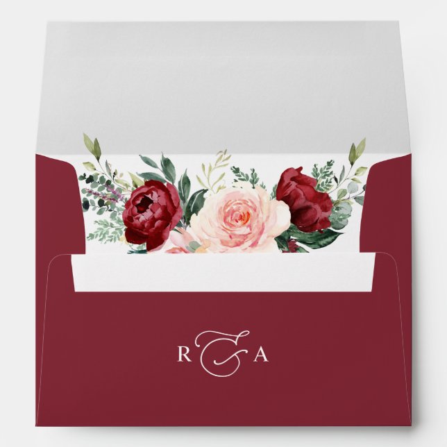 Monogram Burgundy Wine Floral Return Address 5x7 Envelope (Back (Bottom))