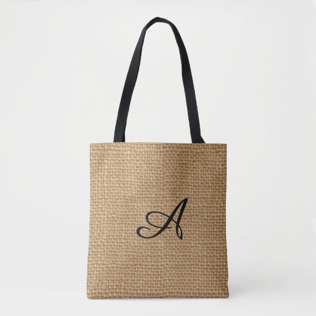 Monogram Burlap Print Tote Bag (Front)