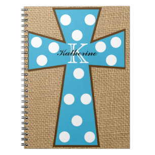 Monogram Burlap & Turquoise Cross Spiral Notebook