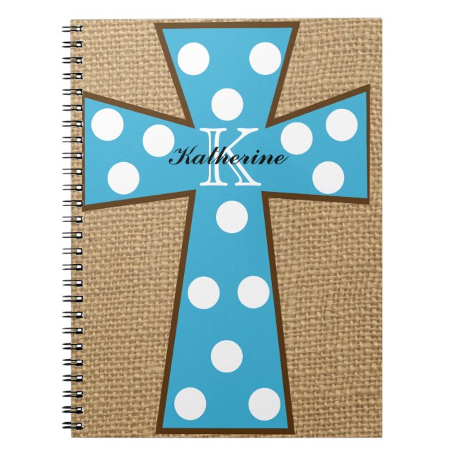 Monogram Burlap & Turquoise Cross Spiral Notebook (Front)