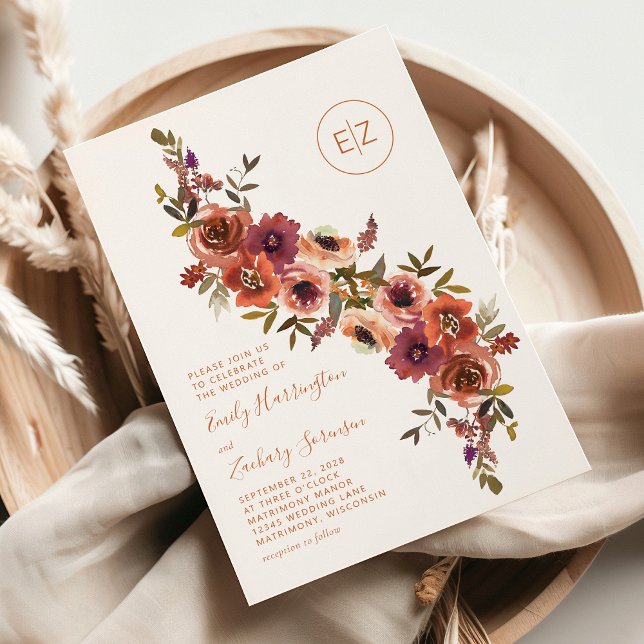 Monogram Burnt Orange Purple Floral Wedding Invitation (Creator Uploaded)