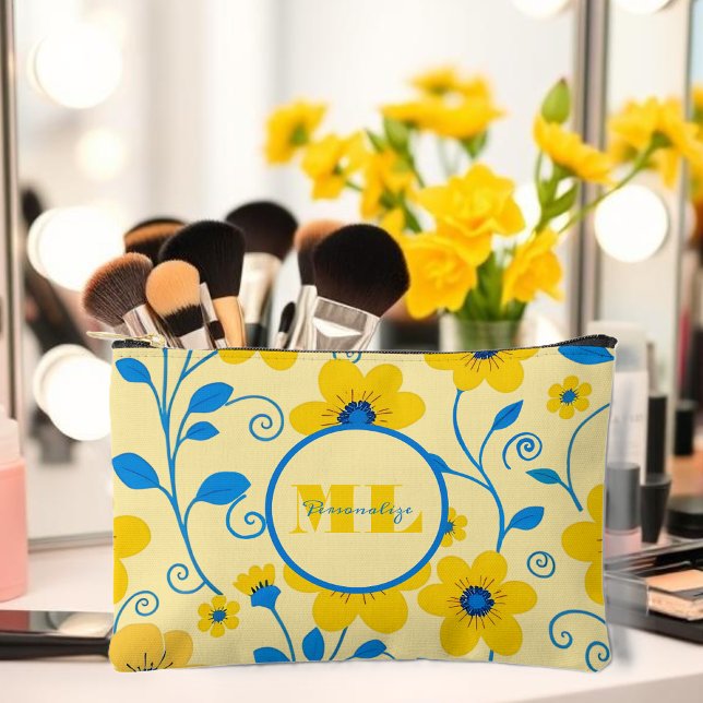 Monogram Butter Yellow and Blue Floral Accessory Pouch (Monogram Butter Yellow and Blue Floral Accessory Pouch)