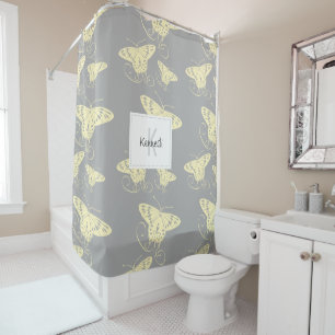 Monogram Butterflies Yellow Grey Art Shower Curtain