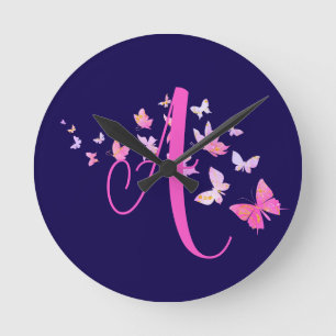 Monogram Butterfly Blue Pink Round Clock