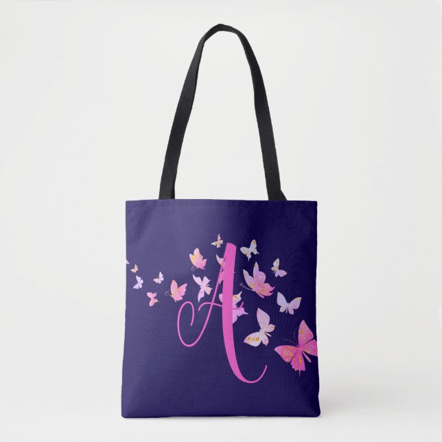 Monogram Butterfly Blue Pink Tote Bag (Front)