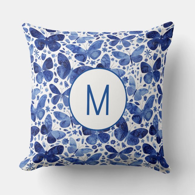 Monogram Butterfly Watercolor Blue Cushion (Front)