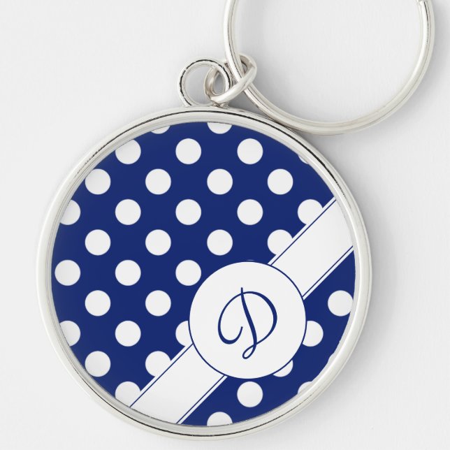 Monogram Button Keychain Dark Blue And White Dots (Front)
