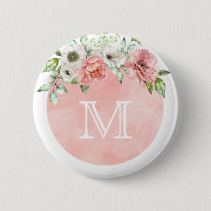 Monogram Button Pin   Blush Pink Spring Floral