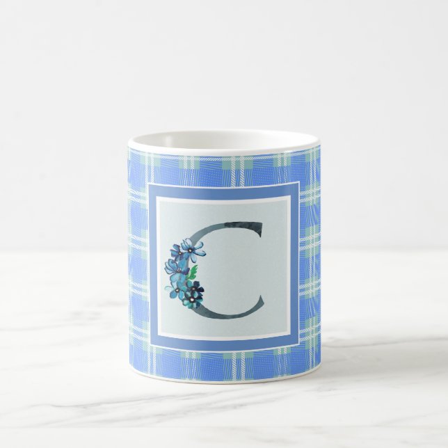 Monogram "C" and Blue Plaid Coffee Mug (Center)