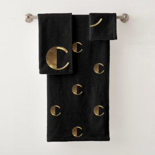 Monogram C Black and Gold Look Elegant Typography Bath Towel Set