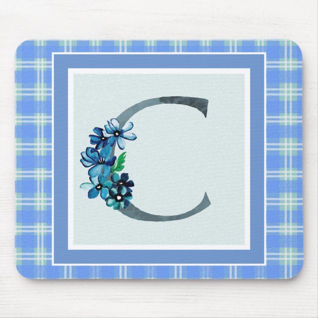 Monogram "C" Blue Plaid Mouse Mat (Front)
