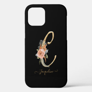 Monogram C Gold Script Black BOHO Pink Floral Leaf iPhone 12 Case