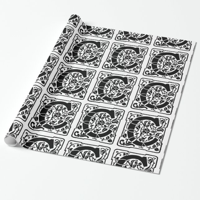 Monogram C Initial Black and White Floral Pattern Wrapping Paper (Unrolled)