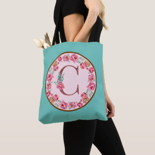 Monogram C Letter with Peony Flower Image Tote Bag