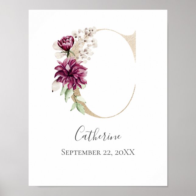Monogram C Pink White Floral Gold Letter Nursery  Poster (Front)