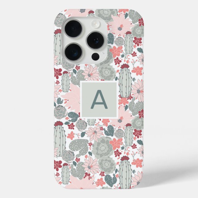 Monogram Cactus Pink Mint Succulents Desert Plants Case-Mate iPhone Case (Back)