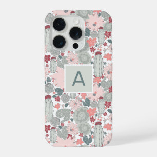 Monogram Cactus Pink Mint Succulents Desert Plants iPhone 15 Pro Case