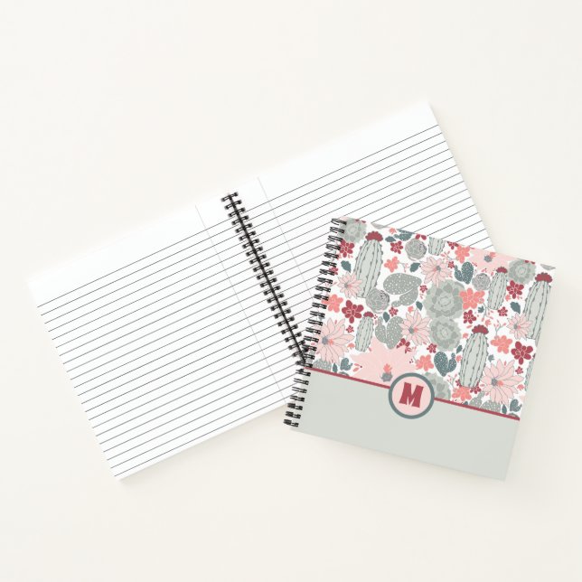 Monogram Cactus Pink Mint Succulents Flowers Notebook (Inside)