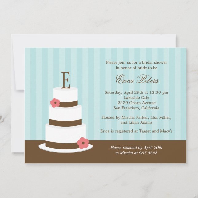 Monogram Cake Bridal Shower Invitation - Blue (Front)
