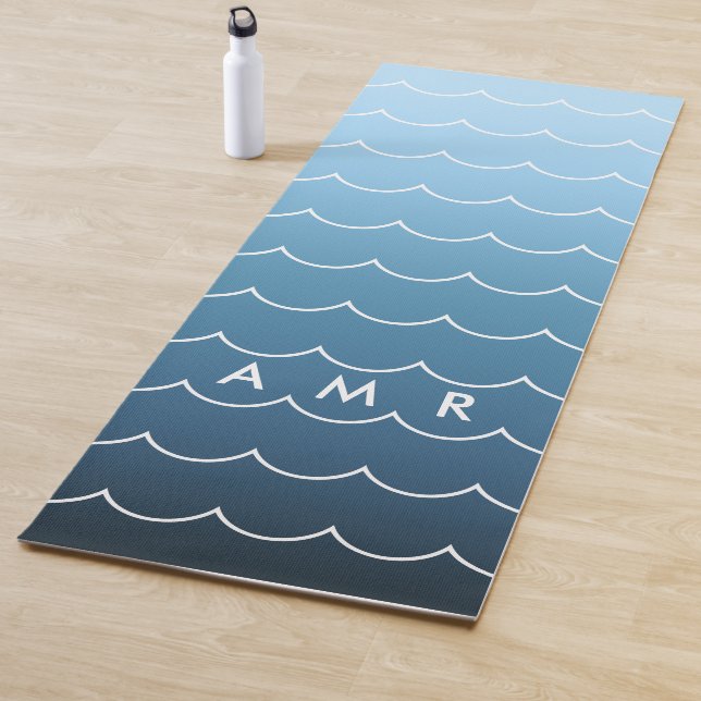 Monogram Calming Blue Gradient Wave Pattern Yoga Mat (In Situ)
