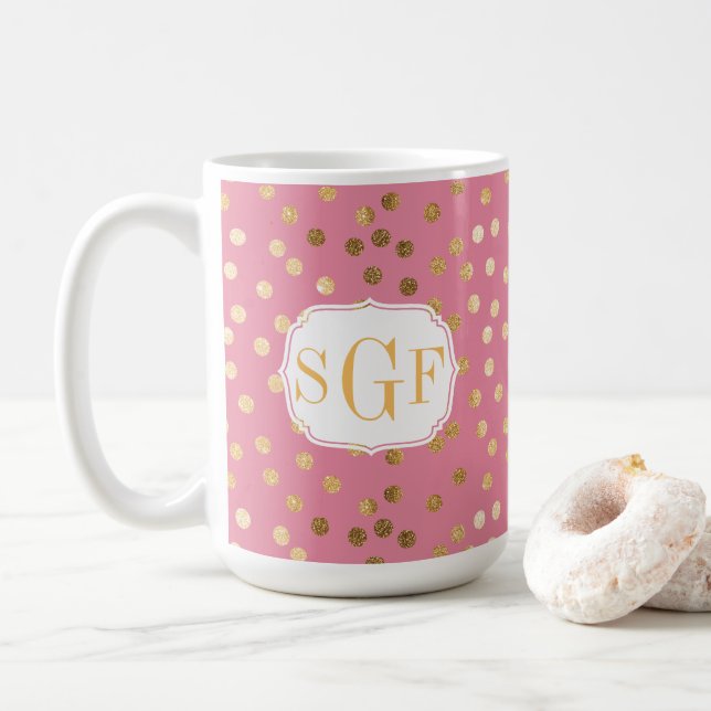Monogram Candy Pink Gold Glitter Dot Pattern Coffee Mug (With Donut)