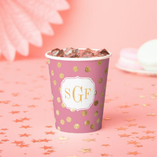 Monogram Candy Pink Gold Glitter Dot Pattern Paper Cups