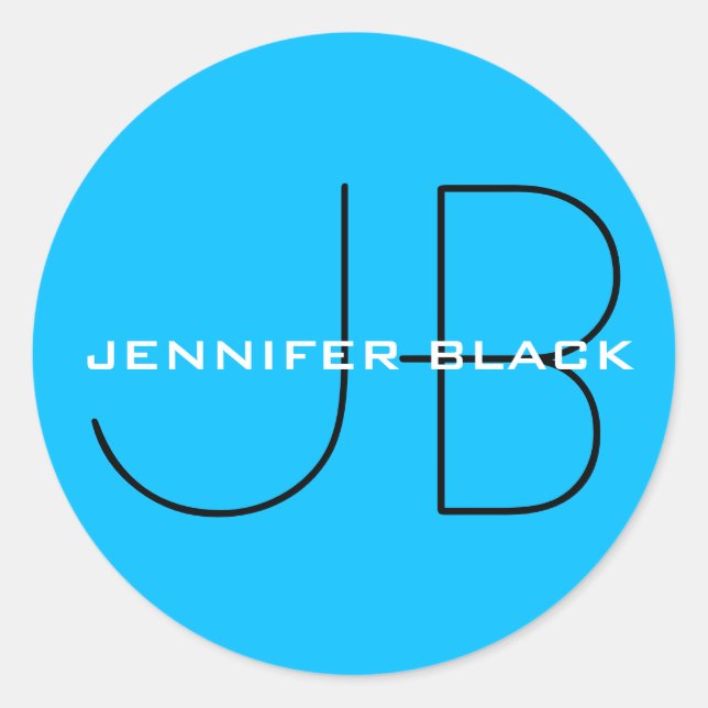 Monogram Capri Blue Minimalist Modern Name Classic Round Sticker (Front)