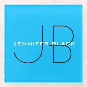 Monogram Capri Blue Minimalist Modern Name Glass Coaster