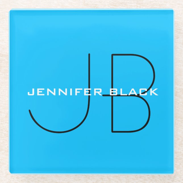 Monogram Capri Blue Minimalist Modern Name Glass Coaster (Front)