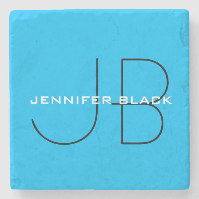 Monogram Capri Blue Minimalist Modern Name Stone Coaster (Front)