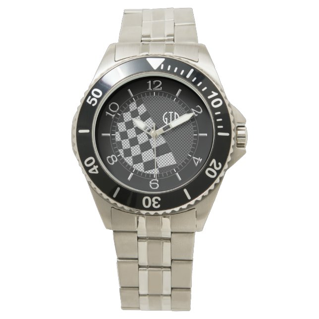 Monogram Carbon Fibre Style Racing Flag Wave Decor Watch (Front)