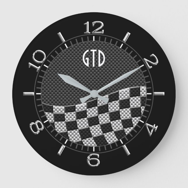 Monogram Carbon Style Chequered Racing Flag Wave Large Clock (Front)