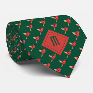 Monogram Cardinal Bird Pattern on Green Tie