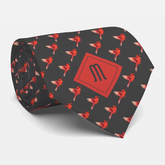 Monogram Cardinal Bird Pattern on Grey Tie (Rolled)