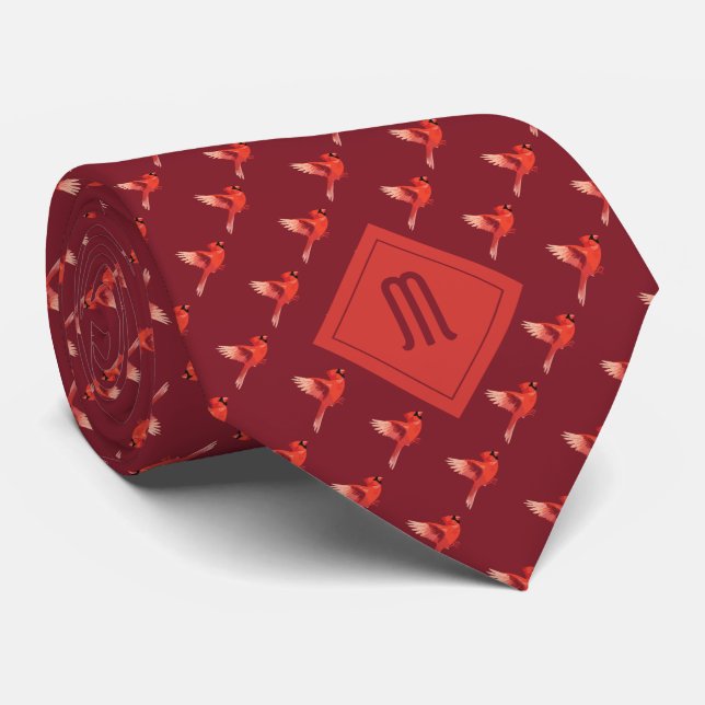 Monogram Cardinal Bird Pattern on Red Tie (Rolled)