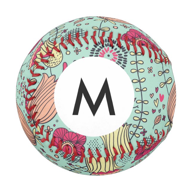 Monogram Cartoon floral pattern with birds Baseball (Front Left)