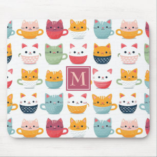 Monogram Cats Tea Cups Coffee Mugs Girly Pattern Mouse Mat